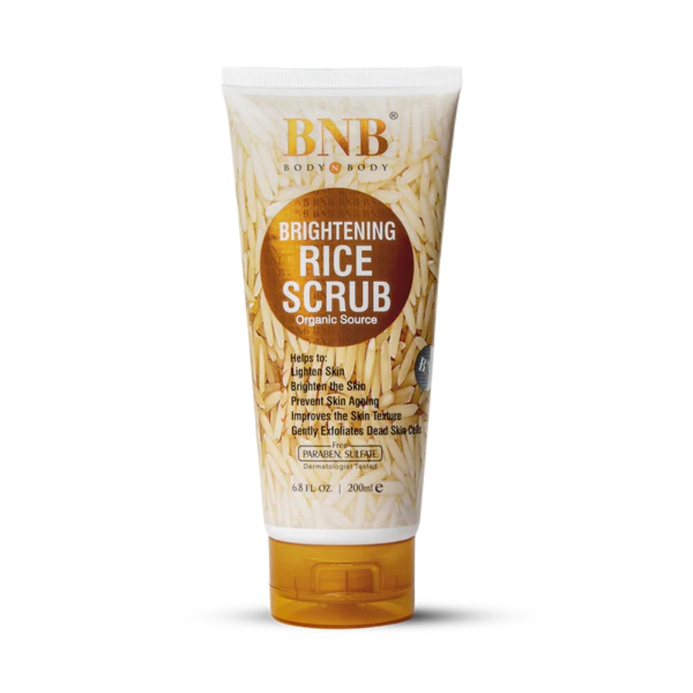 Tube of BNB Brightening Rice Scrub on a white background