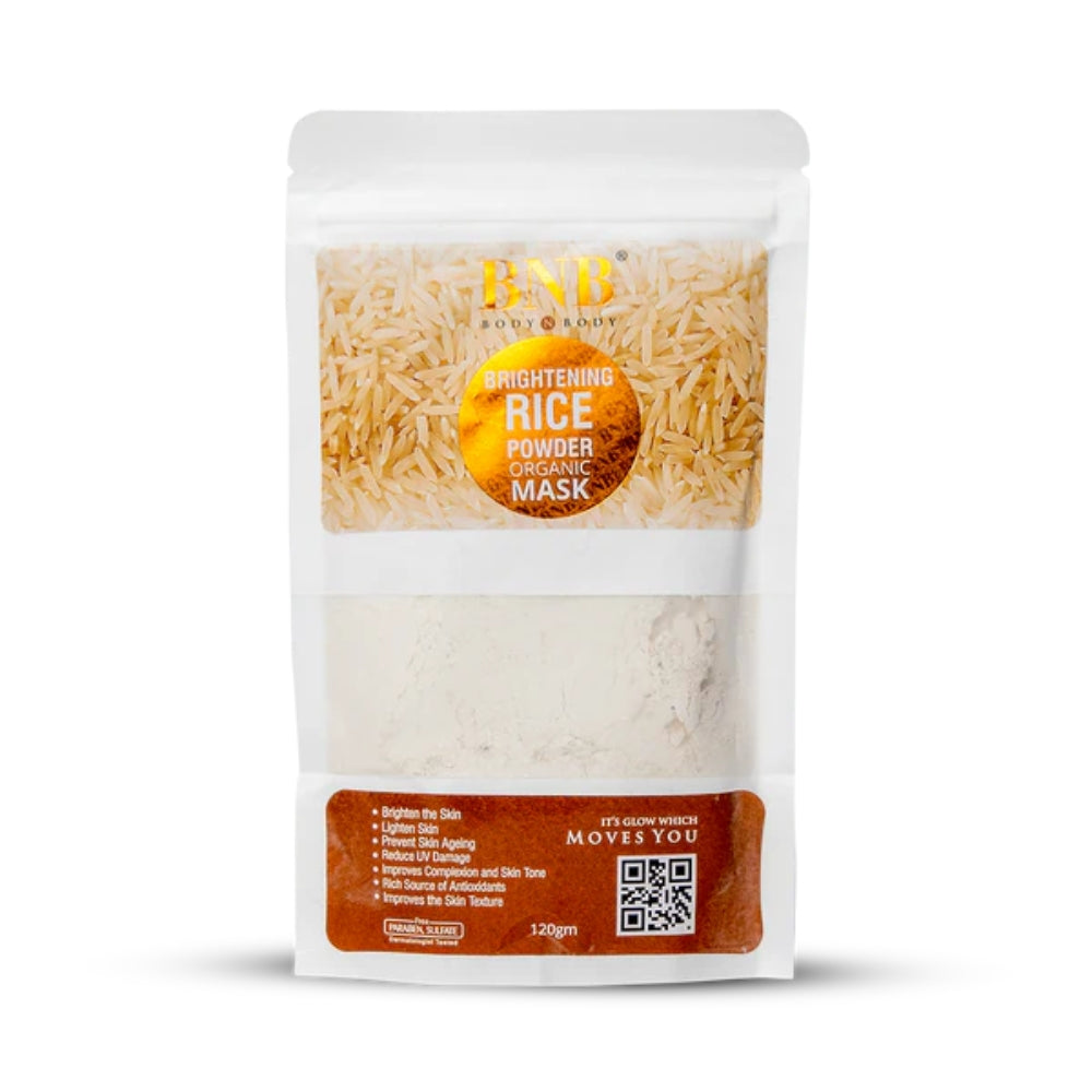 Packaged rice powder mask with visible branding on a white background