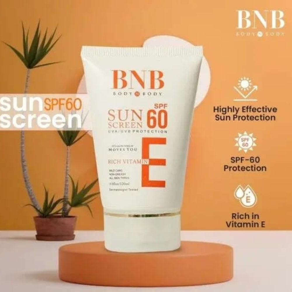 Tube of BNB sunscreen SPF 60 with plant and 'BNB' branding on an orange background