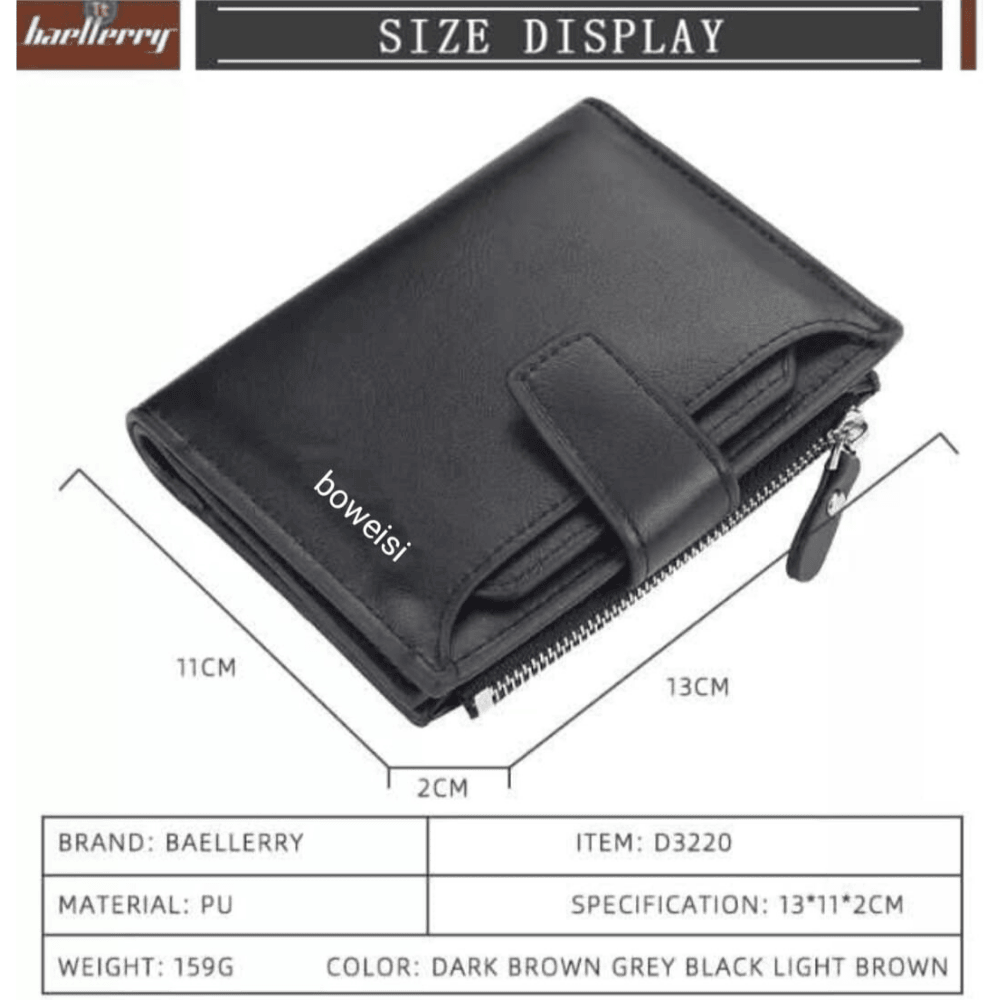 Full view of Boweisi wallet in black with measurement scale