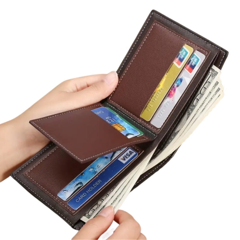 Brown leather wallet with cards and money on a white background