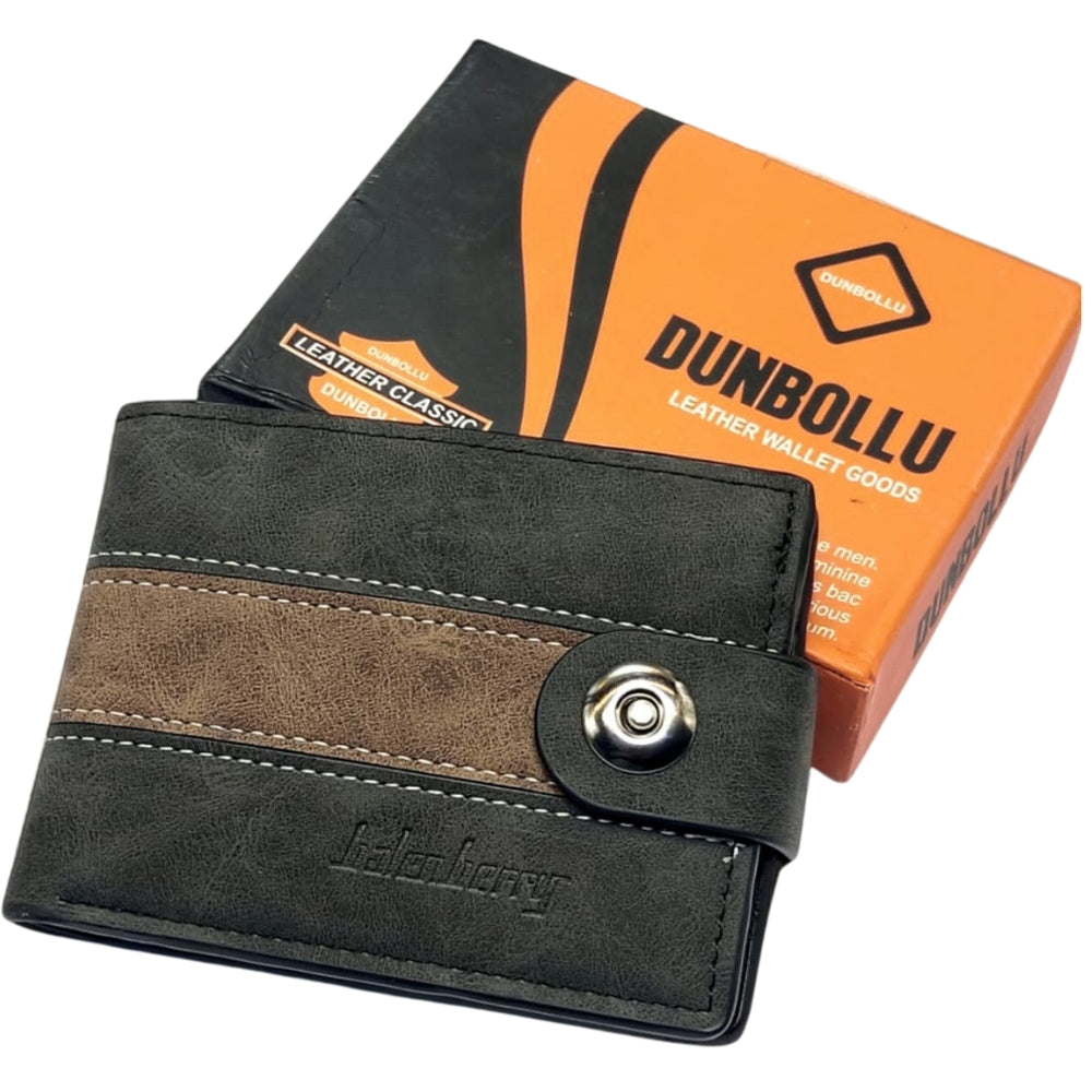 Black and brown leather wallet with a visible brand logo on a white background