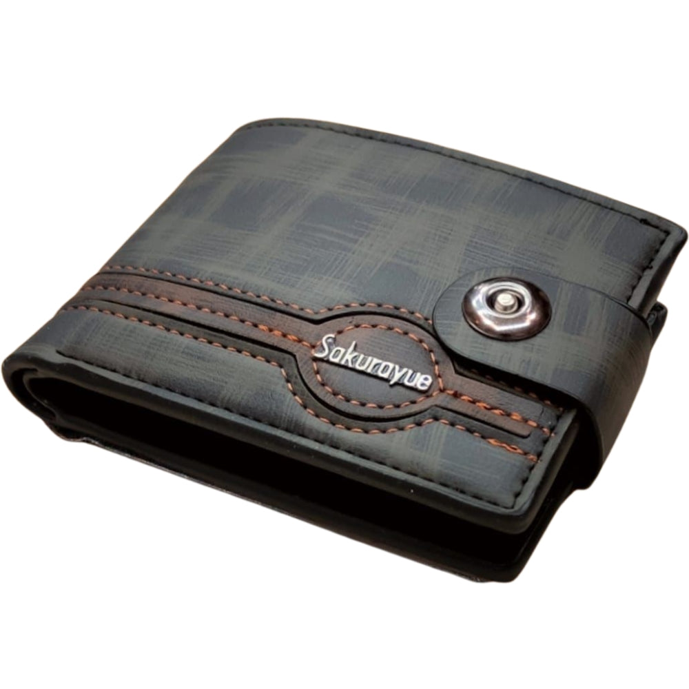 Black textured wallet with brown accents and 'Sakurayue' branding on a white background
