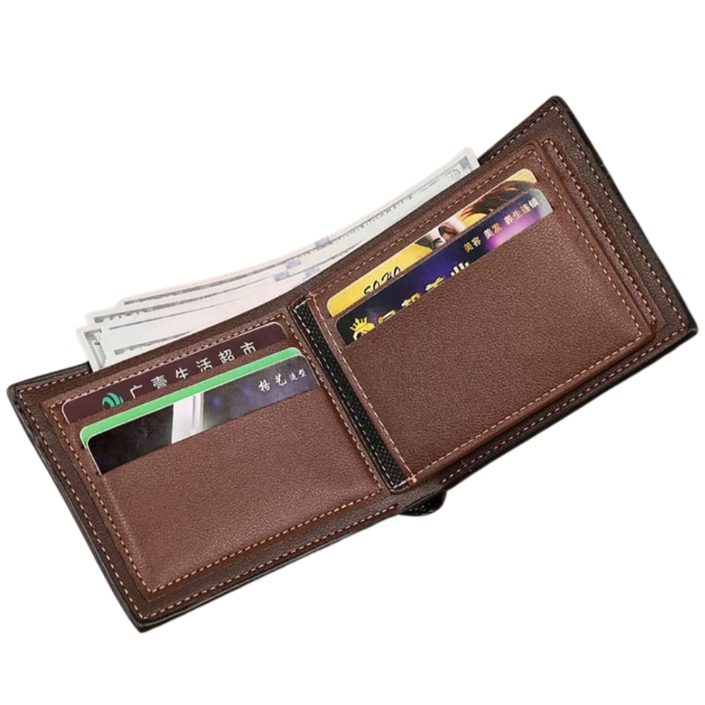 Brown leather wallet with card slots and cash compartment on a white background