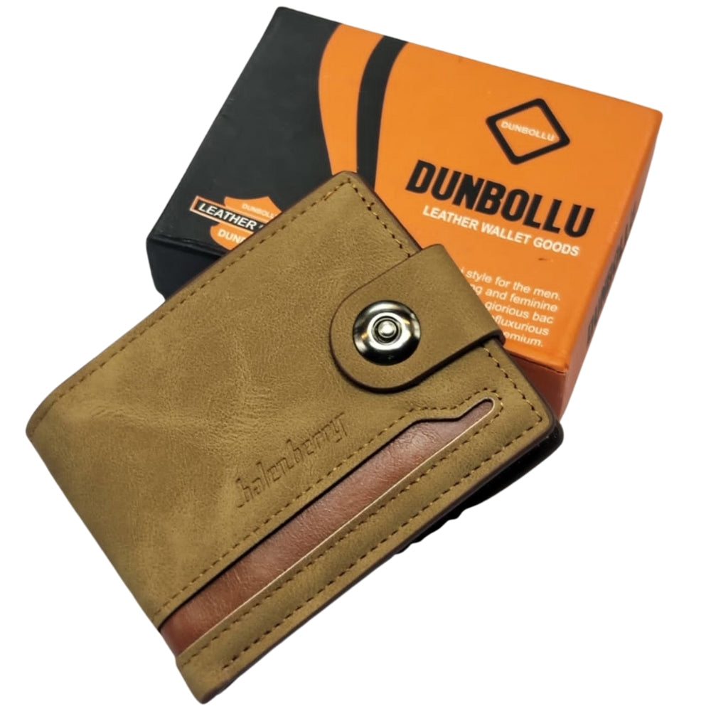 Brown leather wallet with metal clasp on a white background, featuring Dunbollu branding.