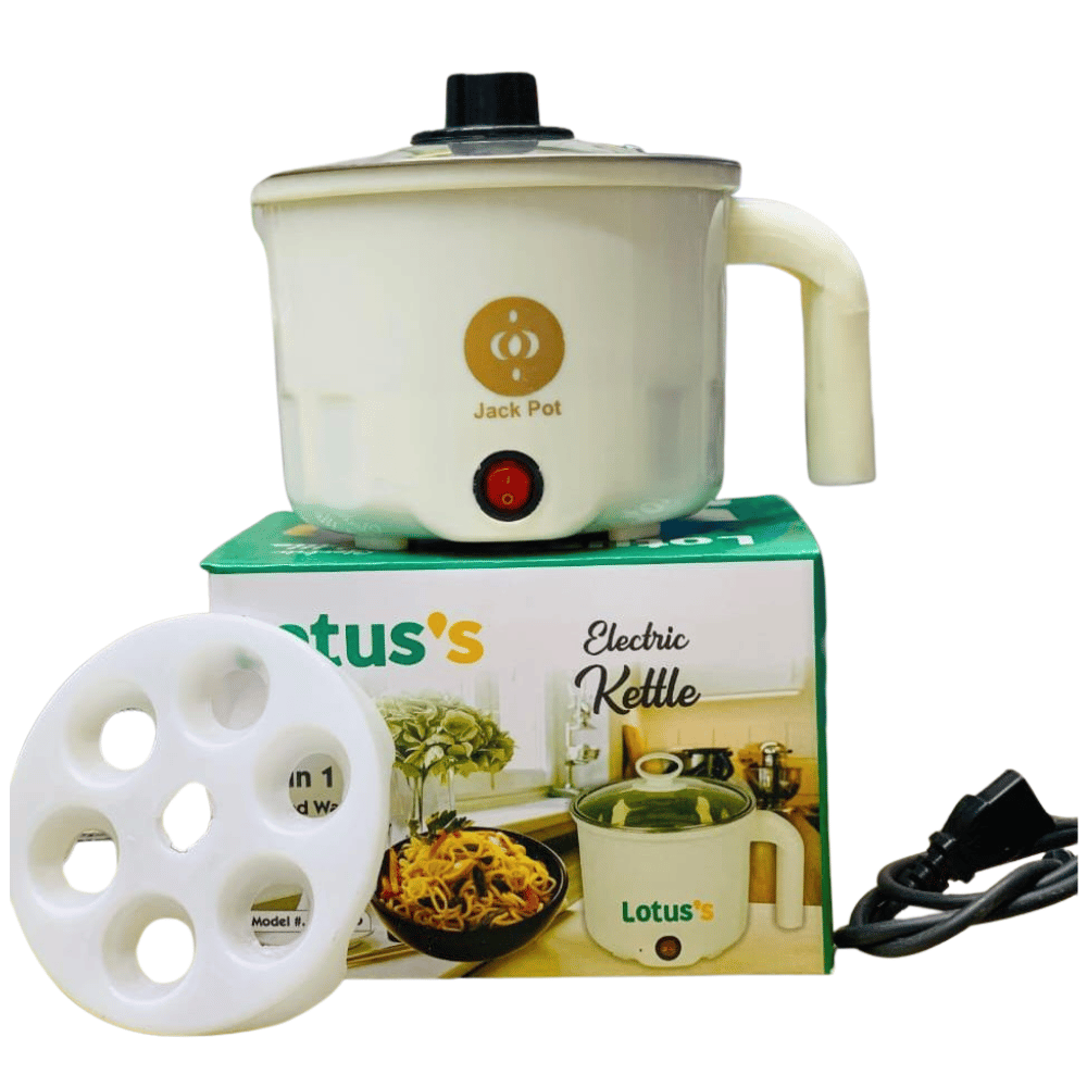 White electric kettle with 'Jack Pot' branding on a white background
