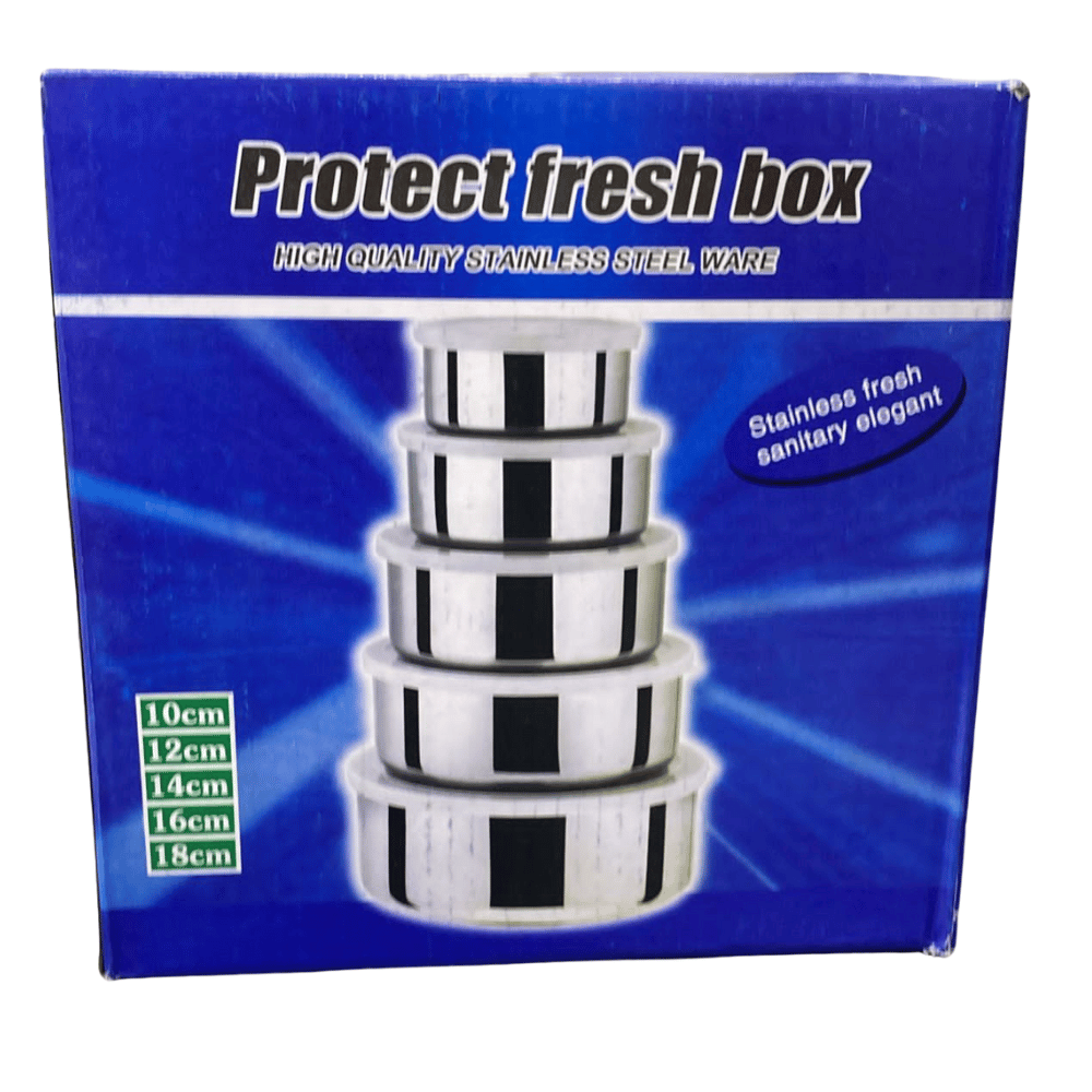 Stainless steel containers on a blue box with text 'Protect fresh box' and product details.