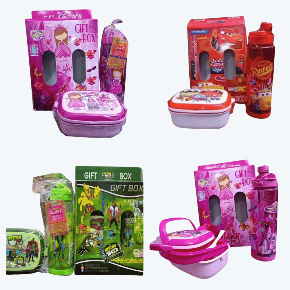 Collection of children's lunch boxes and bottles with various designs and branding.