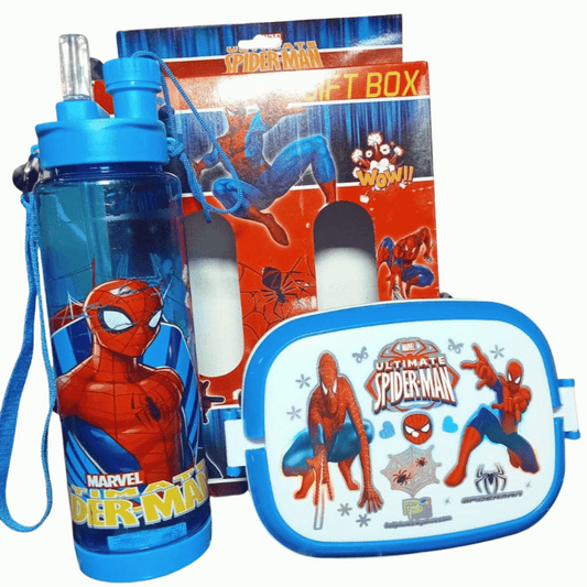 Spider-Man themed water bottle, snack bag, and gift box on a white background
