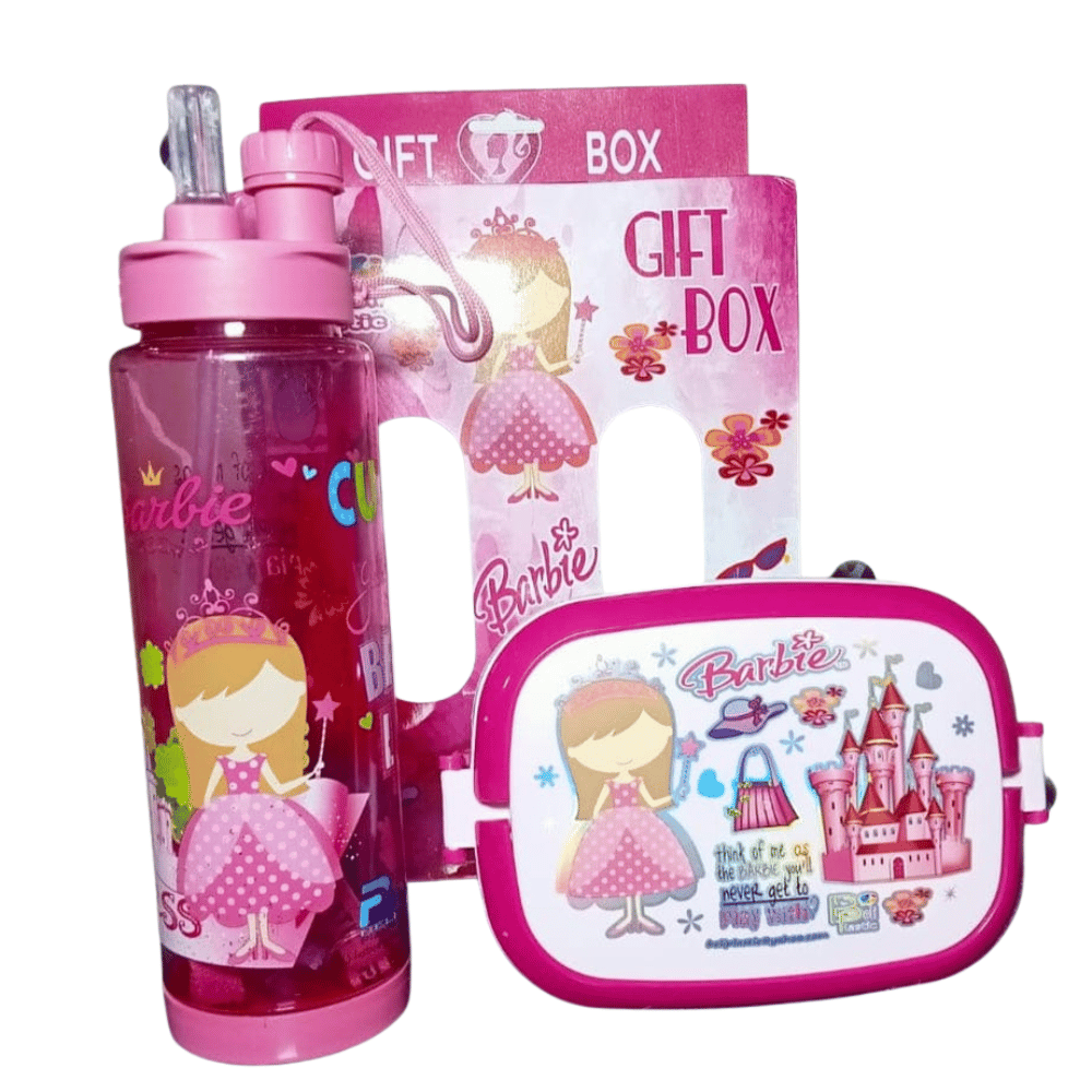 Barbie-themed water bottle, snack bag, and gift box on a white background
