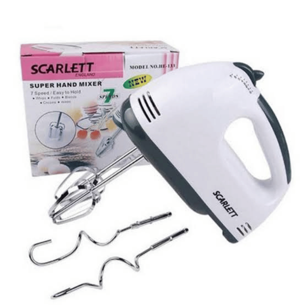 Scarlett hand mixer with attachments and packaging on a white background