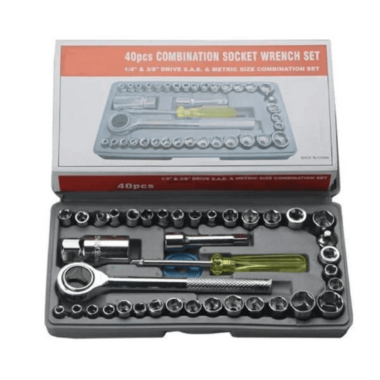 40-piece combination socket wrench set with packaging on a white background