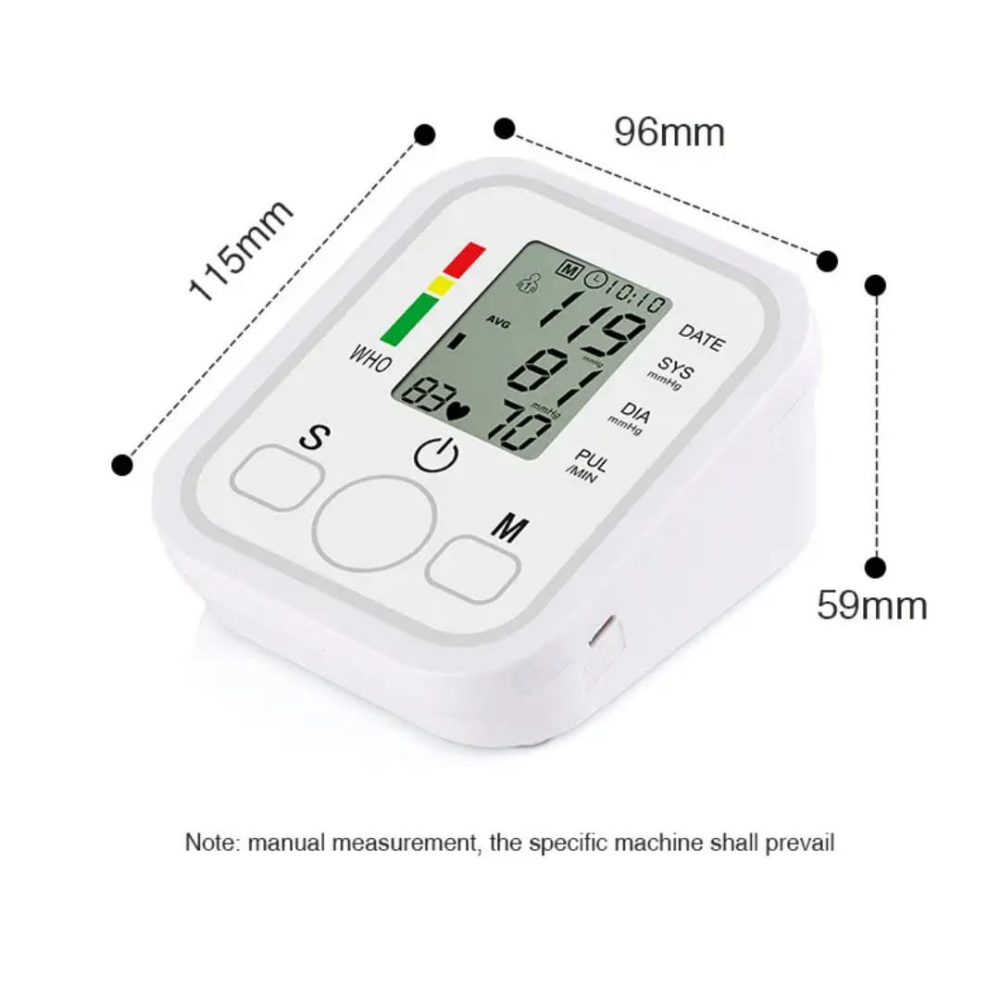 Blood pressure monitor with dimensions labeled on a white background