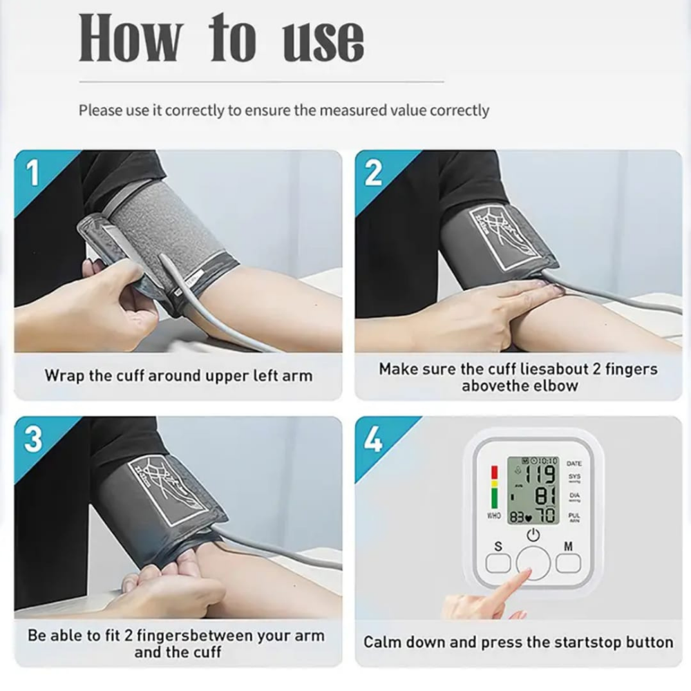 Instructions on how to use a blood pressure monitor with step-by-step guidance.