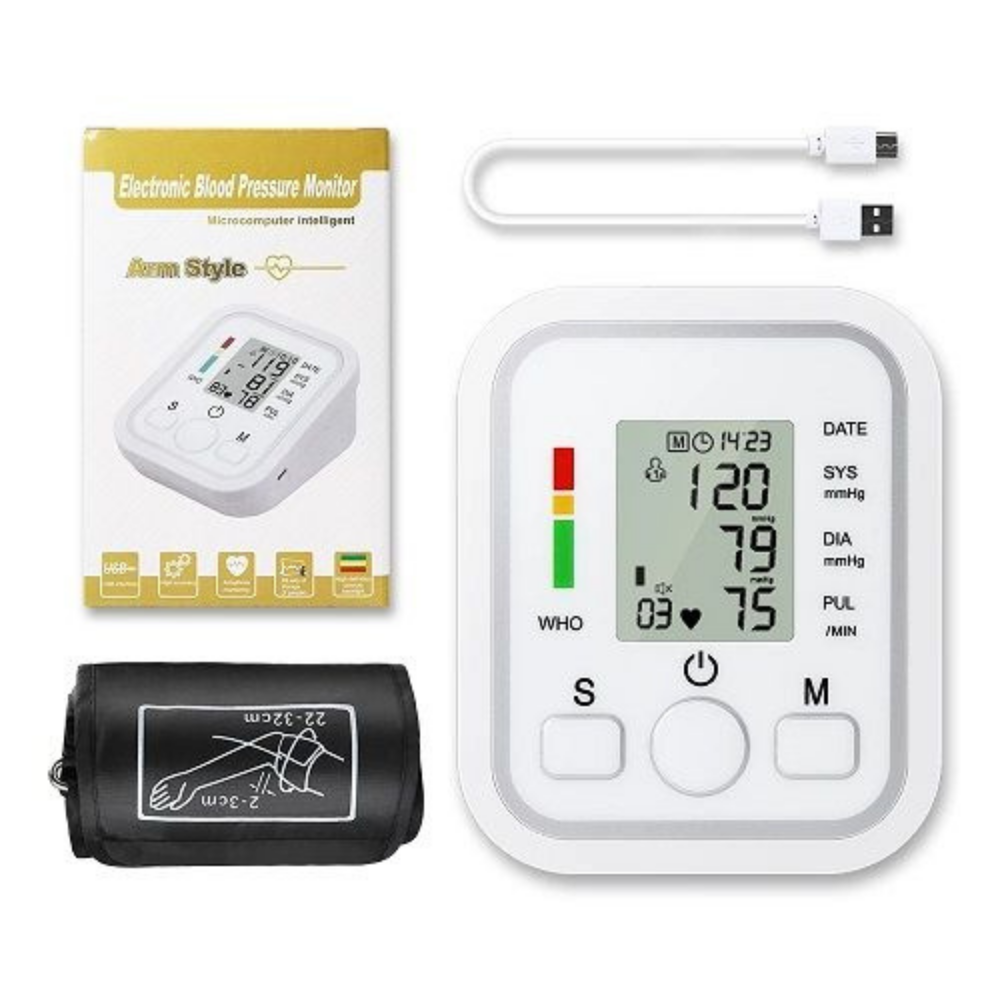 Electronic blood pressure monitor with packaging, cable, and cuff on a white background