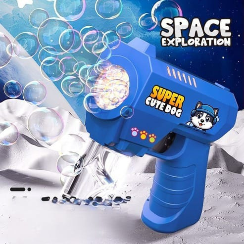 Left front angle of the bubble gun showing full design
