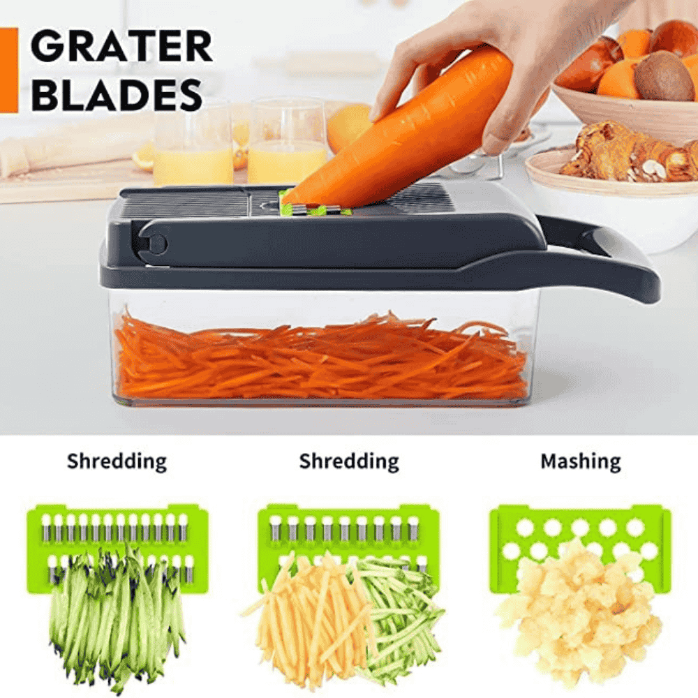 Slicing carrots and cucumbers with multifunctional chopper