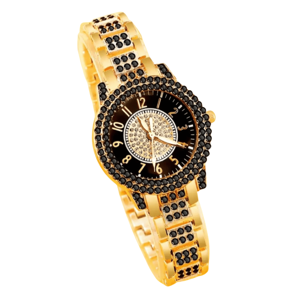 Left side view of chain-style girls watch in gold & black