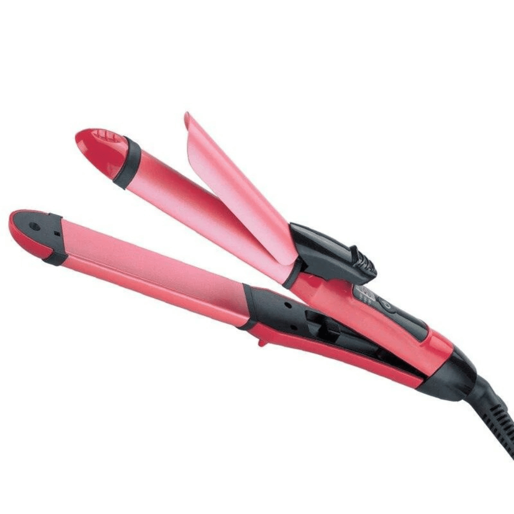 Red and black hair straightener on a white background