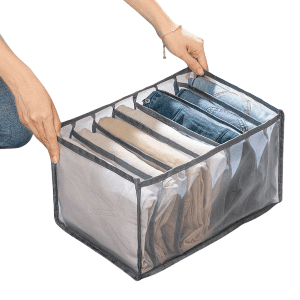 Front view of 7-grid foldable wardrobe clothes organizer