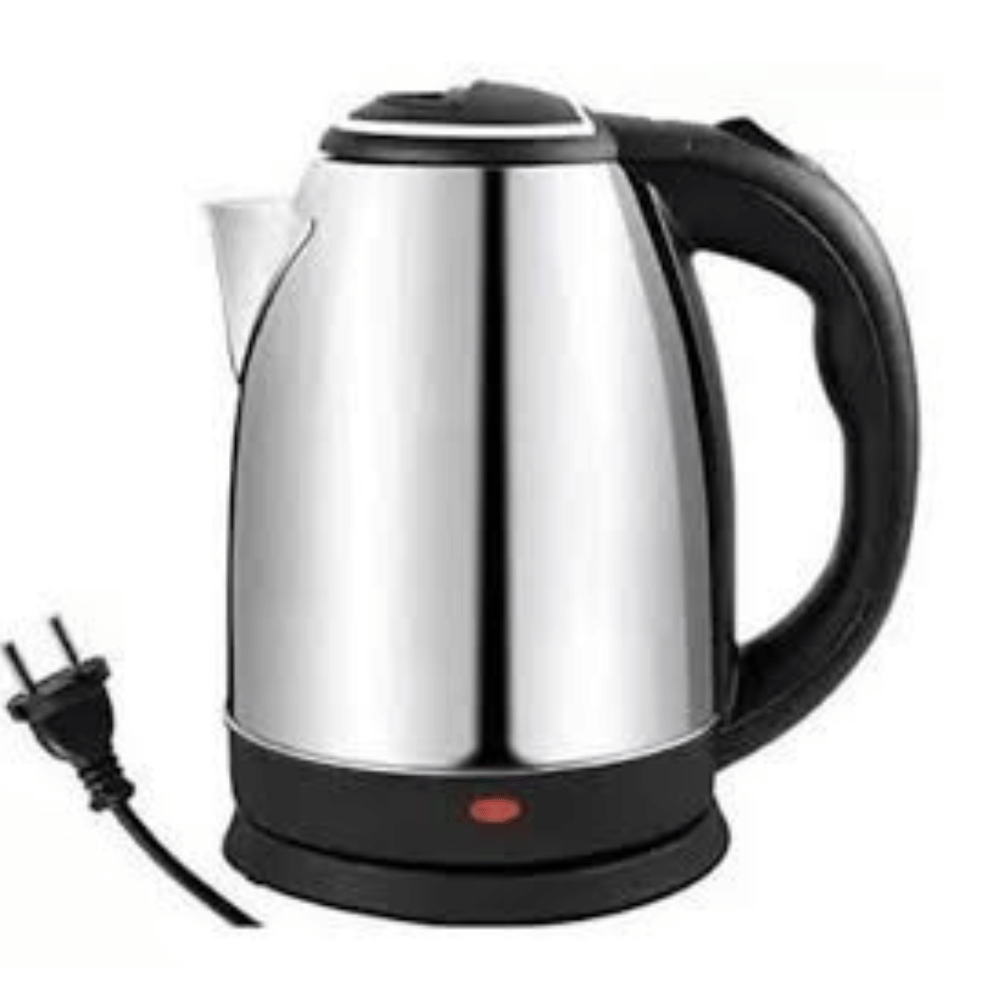 Stainless steel electric kettle with black handle on a white background