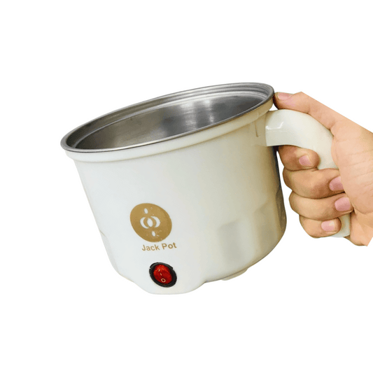 Hand holding a white electric pot with a metallic interior, featuring the 'Jack Pot' brand logo.