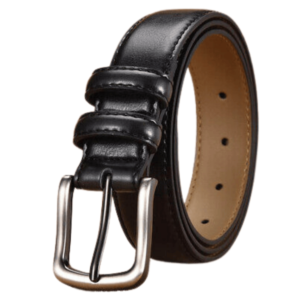 closeup-view-black highlighting the texture and buckle of the black leather belt
