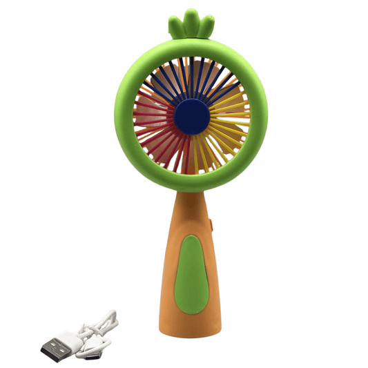 Colorful handheld fan with a green handle and colorful blades on a white background.