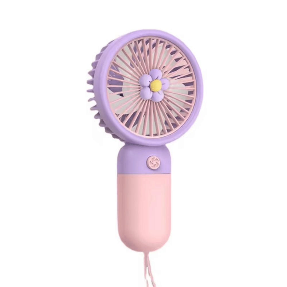 Purple and pink handheld fan with a floral design on a white background
