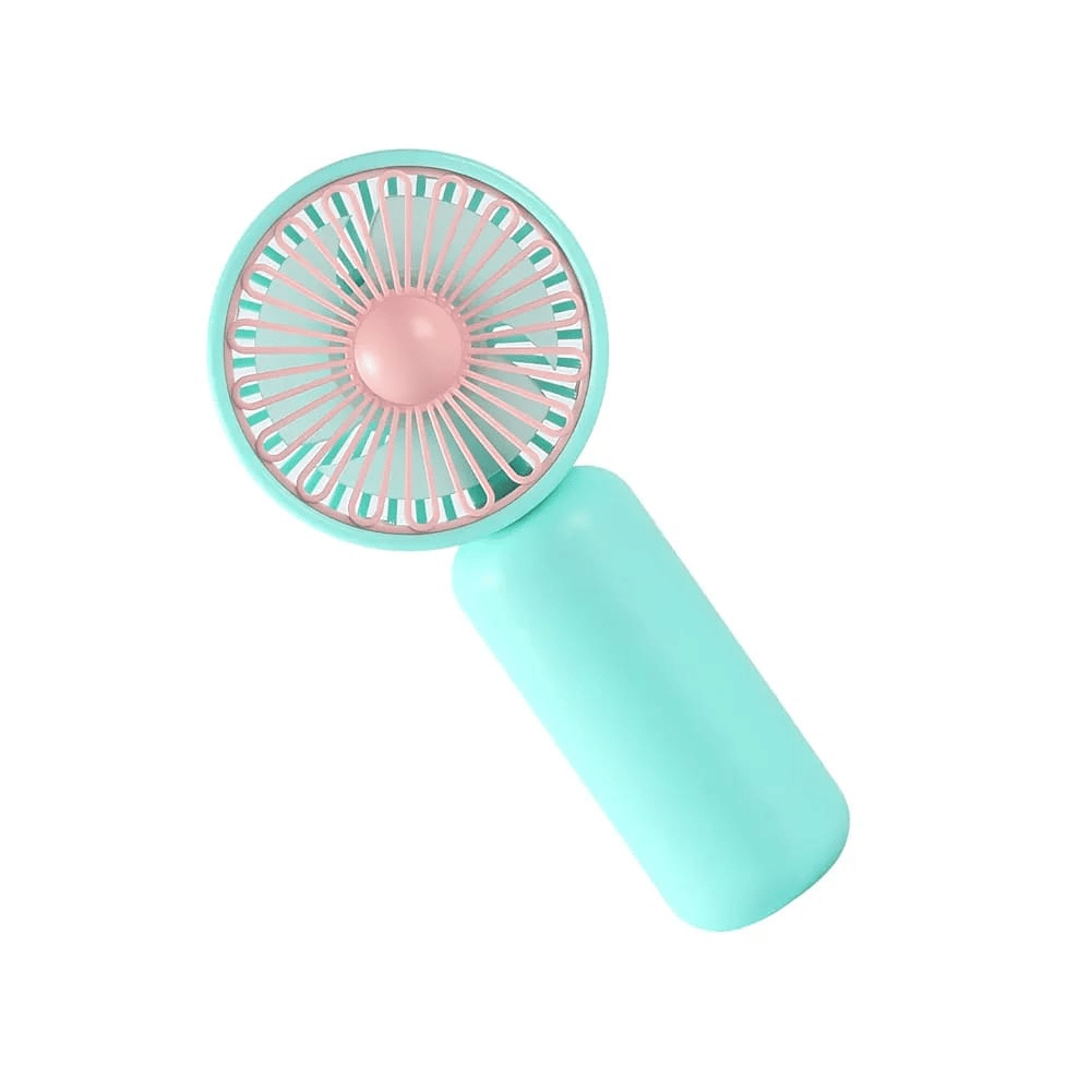 Portable fan with turquoise body and pink accents on a white background