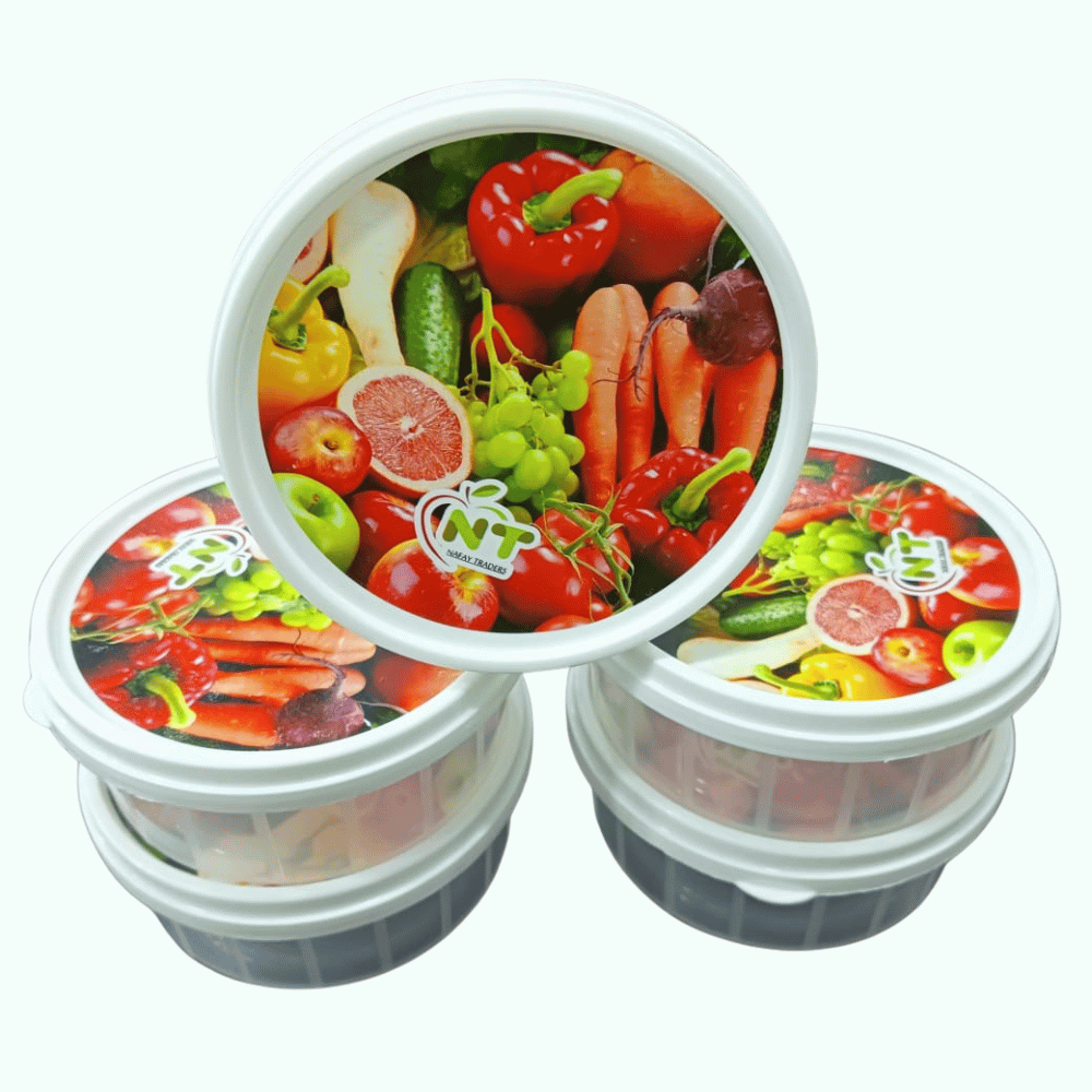 Three containers with vegetable-themed lids on a white background