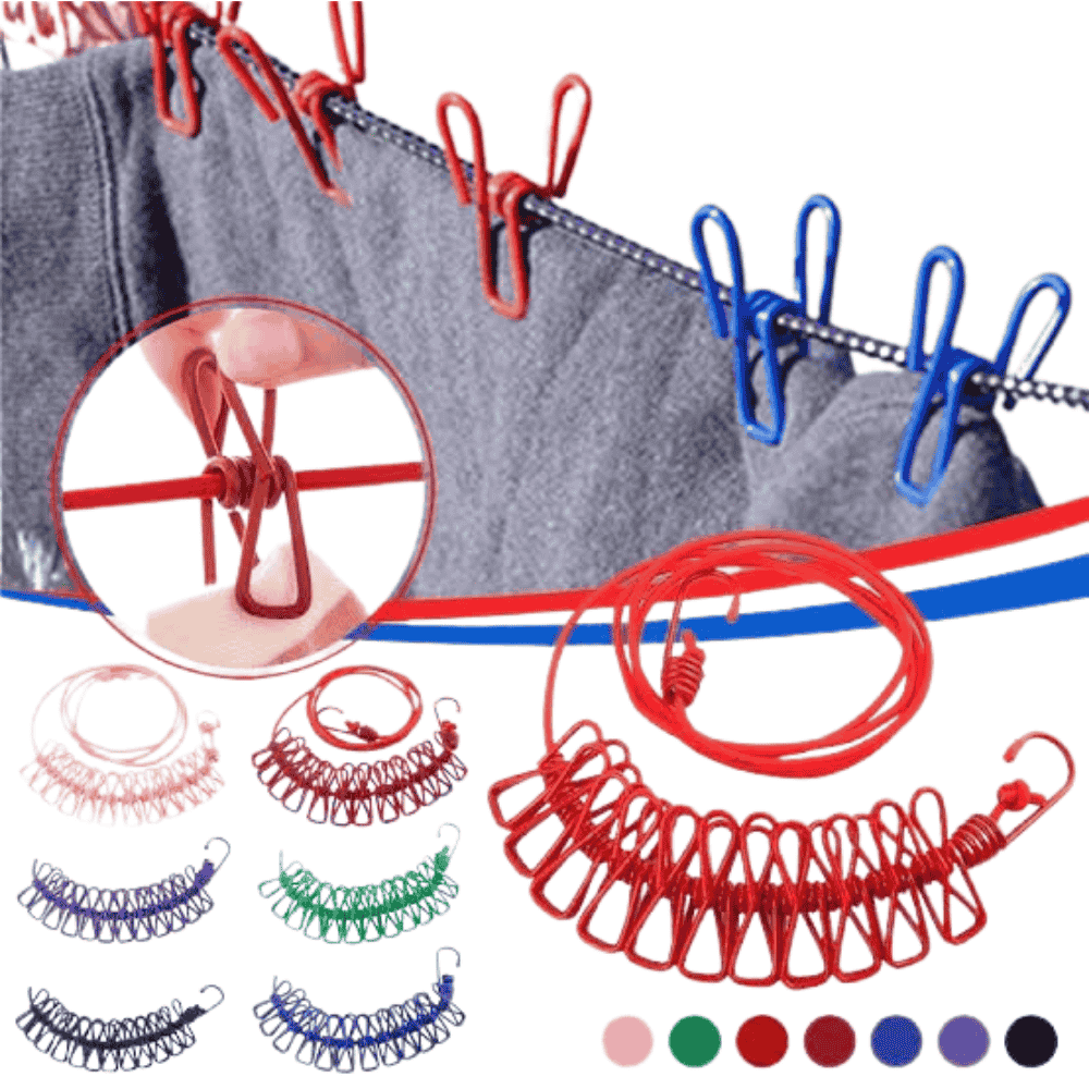 Clothes hanging on the retractable clothesline using integrated clips