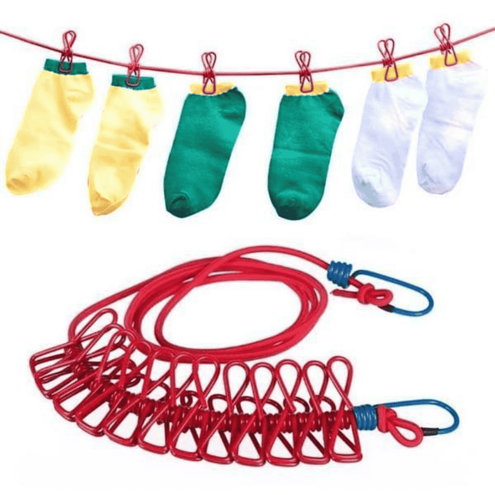 Clothesline in use with garments hanging securely on the clips