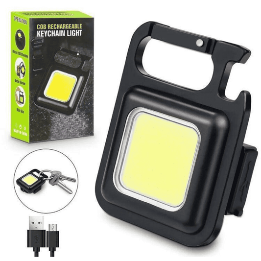 Rechargeable keychain light displayed with box pack