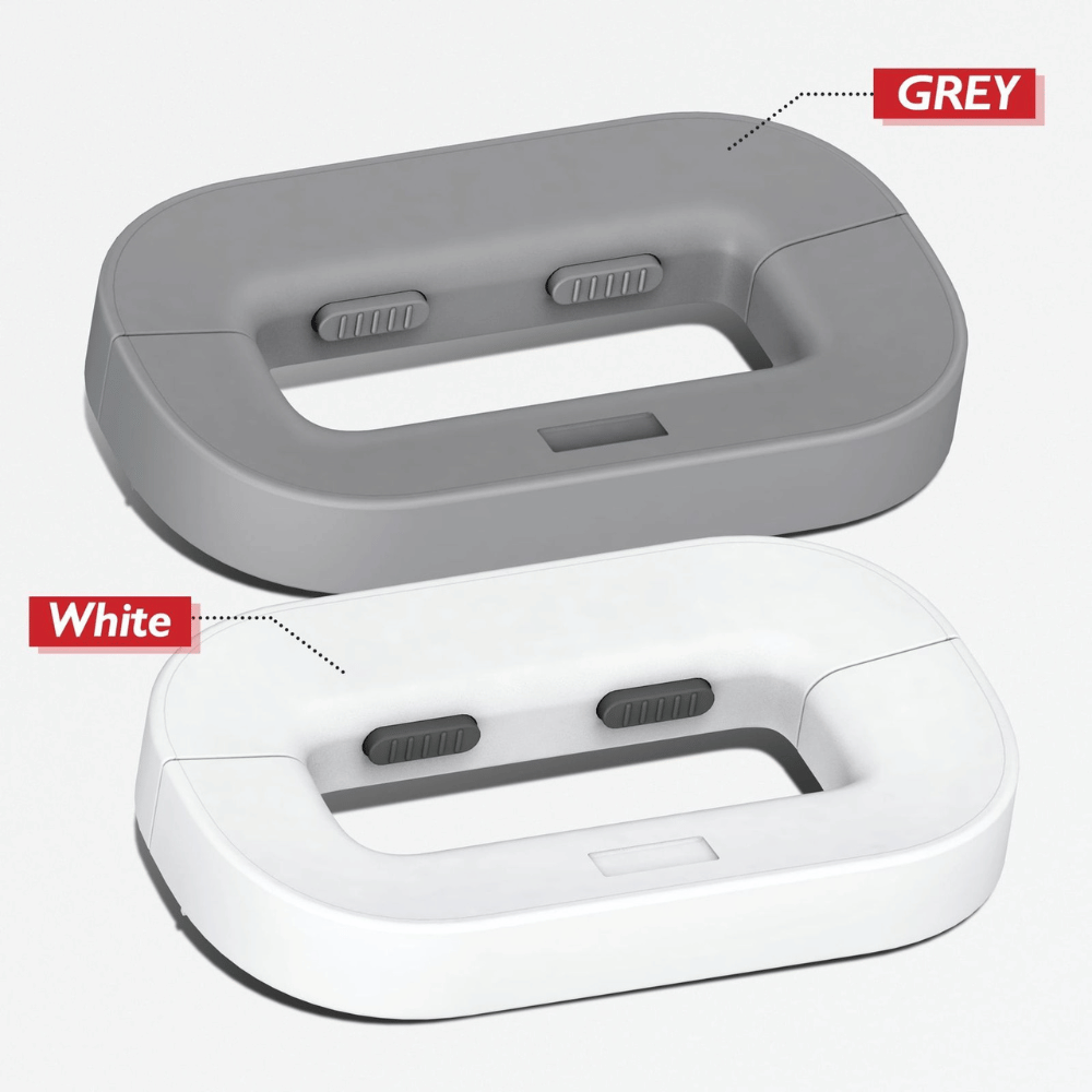 Gray and white electronic device on a white background with color labels.