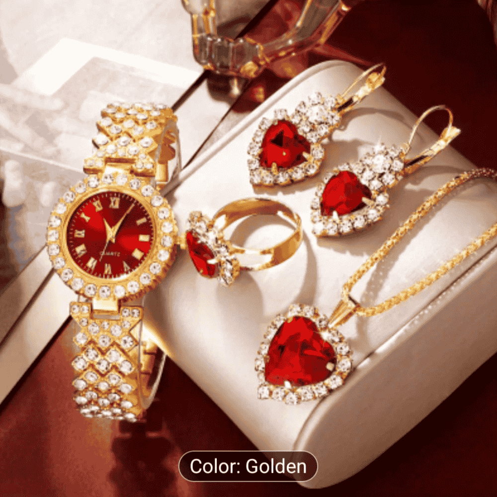 Full front view of chain watch with locket and earrings combo