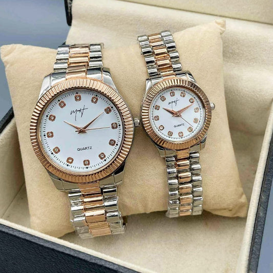 Rose and Silver Couple Pair Watch with Metal Strap and Gift Box