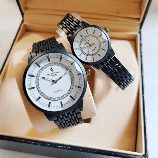 crystal couple watch set with white dial and black chain closeup view
