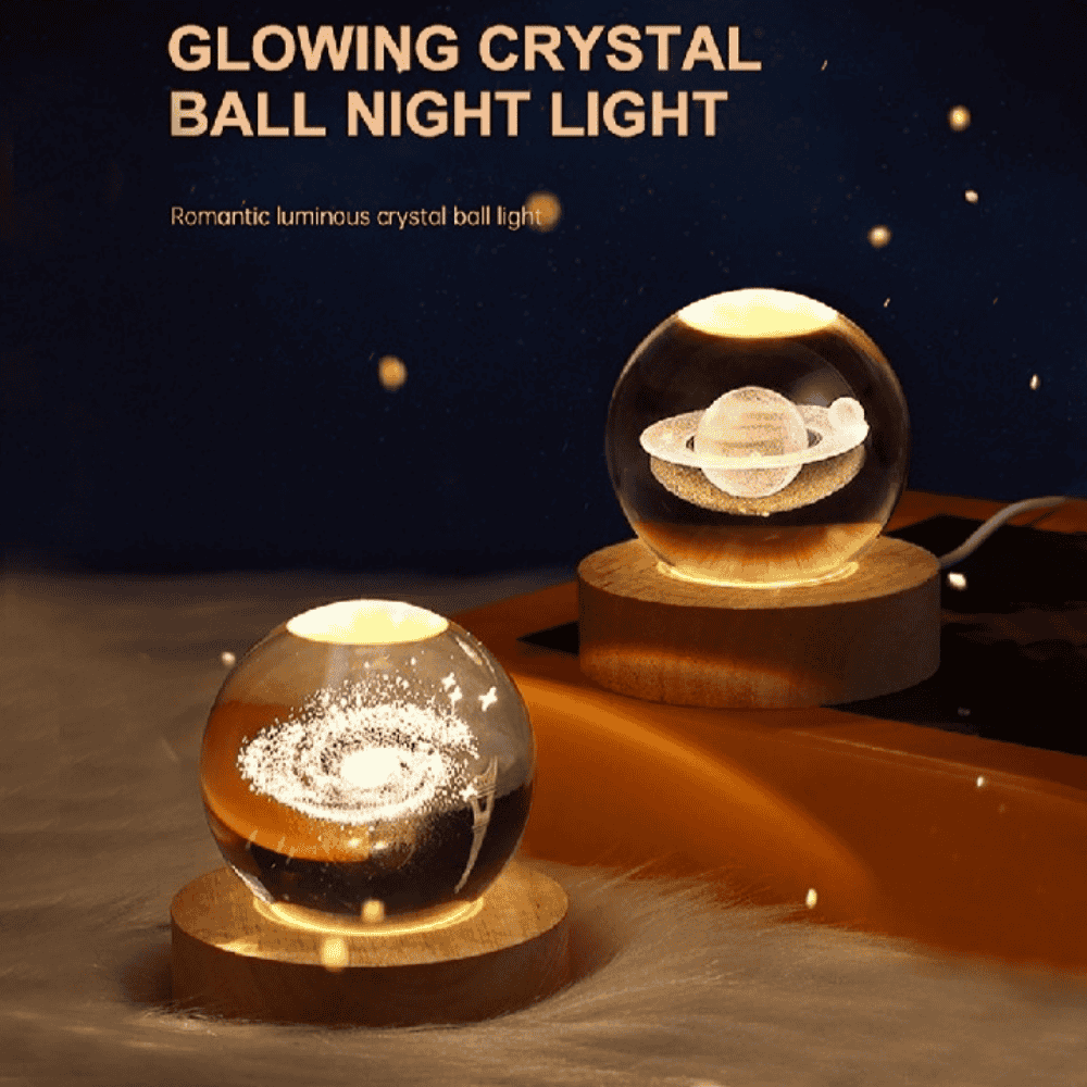 Etched crystal ball with glowing LED inside