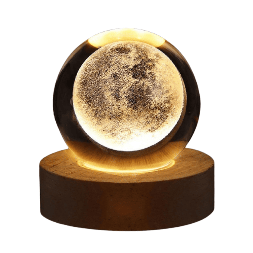 Warm LED glow from crystal sphere on wood base