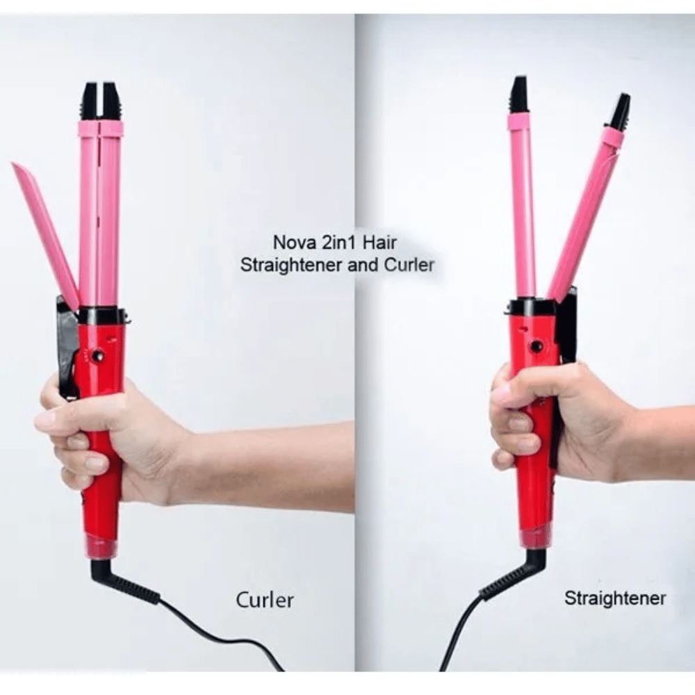 Red and pink Nova 2in1 hair straightener and curler being held by a hand on a white background.