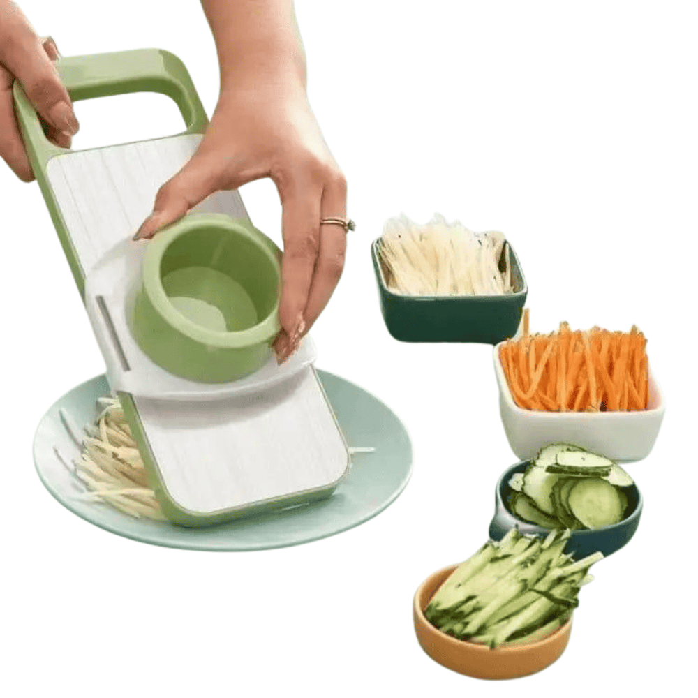 Complete vegetable cutter displayed with collection container