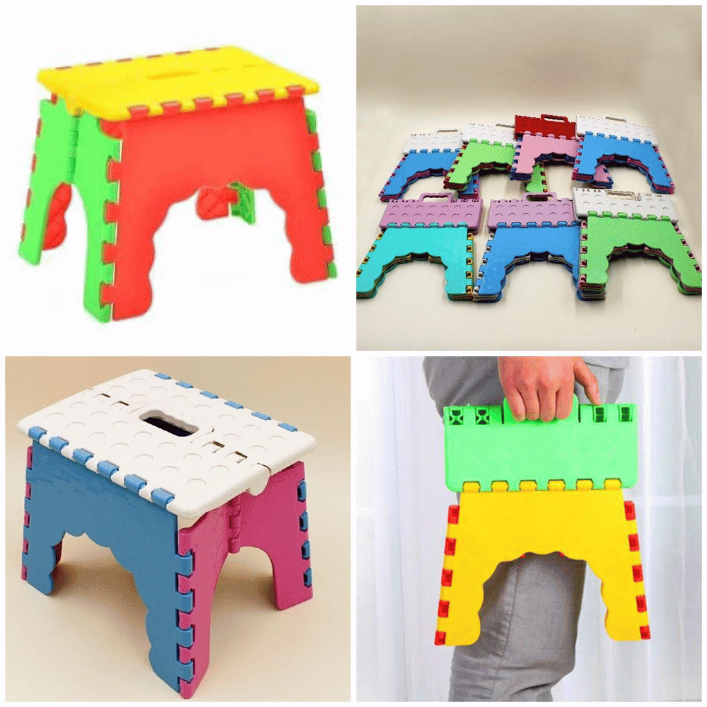 Collage of colorful folding stools in various poses and settings.