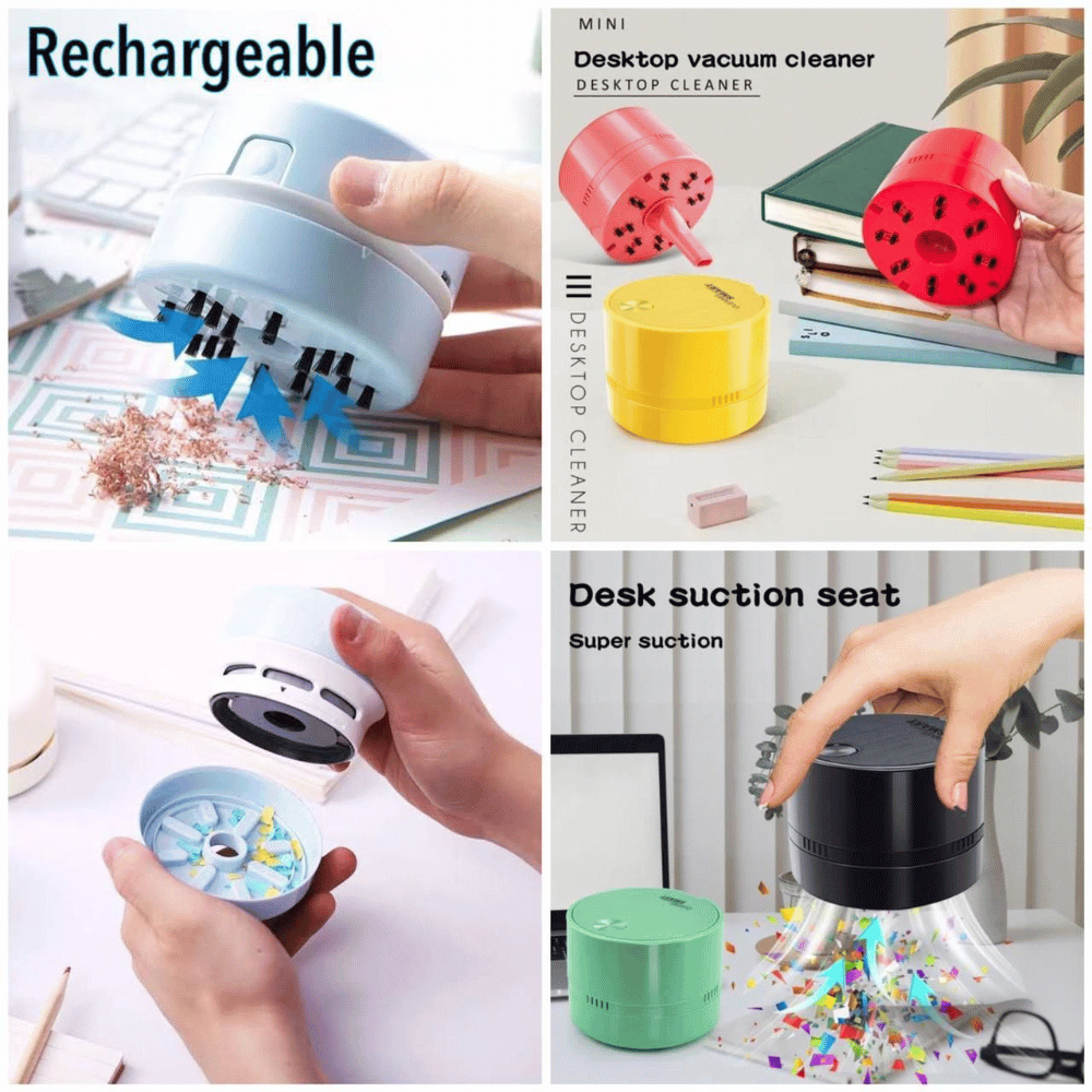 Collage of desk cleaning tools with text indicating rechargeable and desk suction seat features.