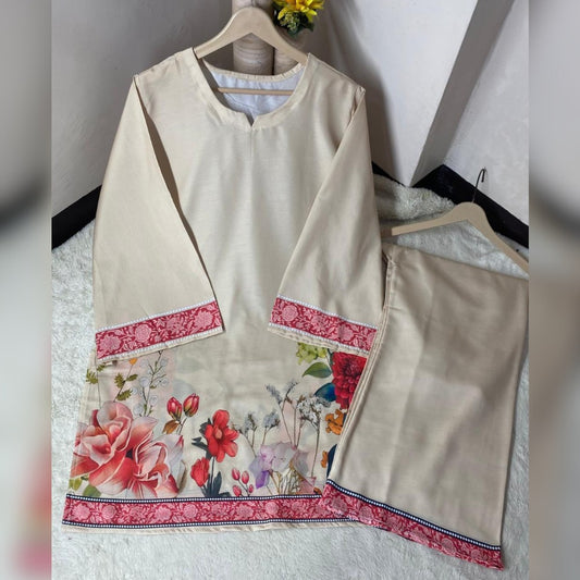 Beige traditional outfit with floral patterns on a white background