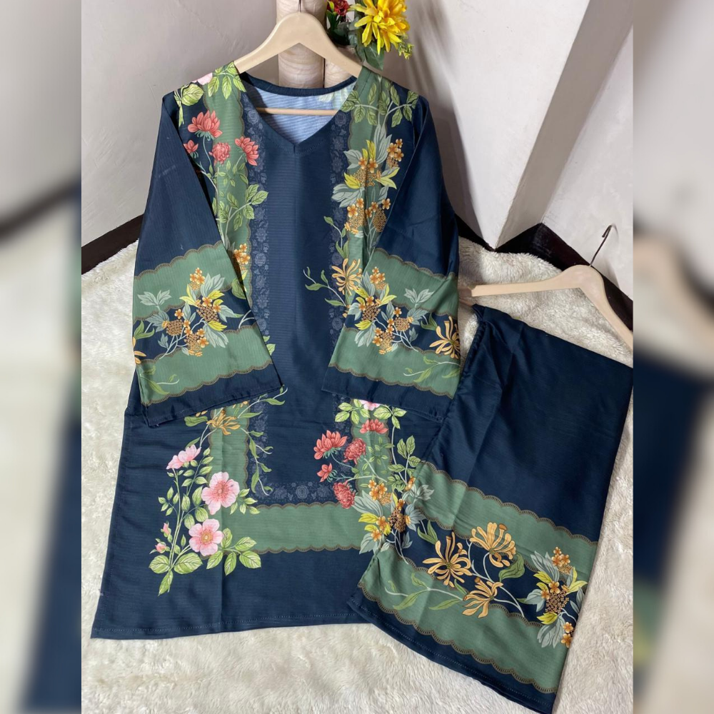 Navy blue floral embroidered jacket on a hanger against a neutral background
