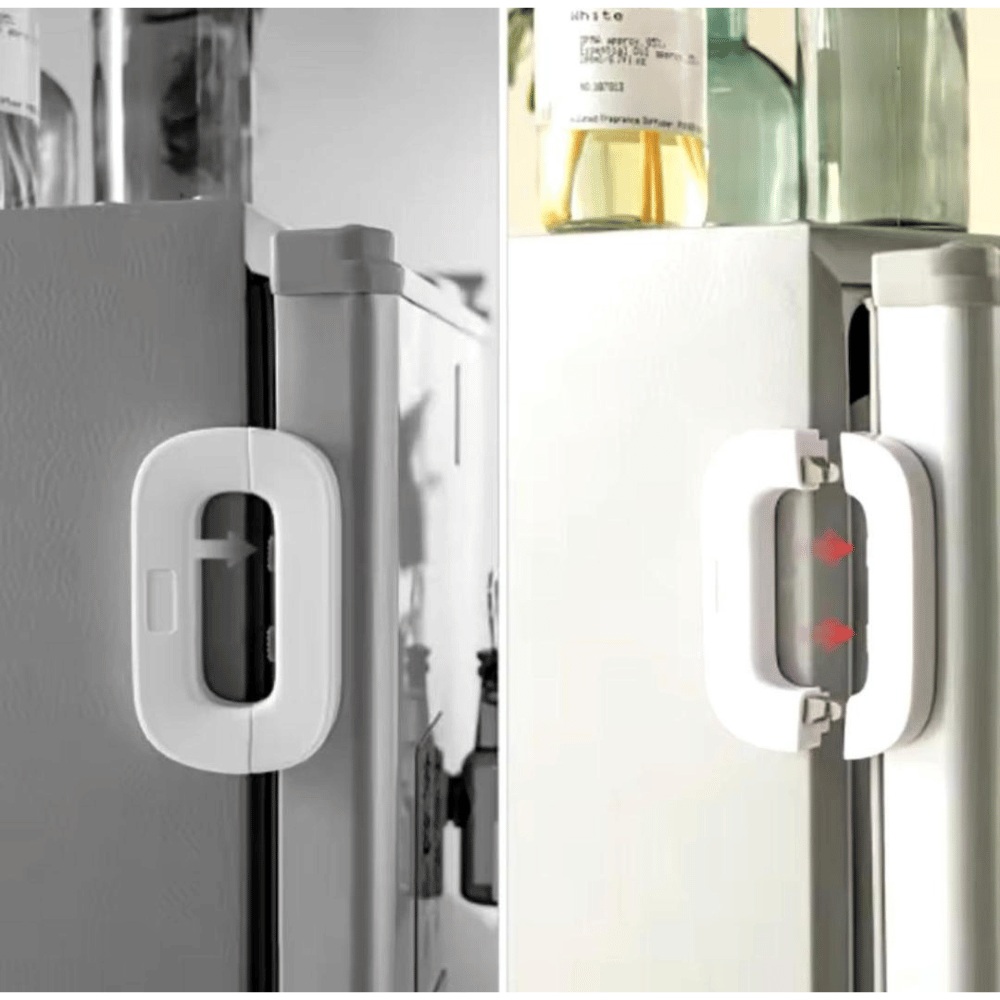 Close-up of a refrigerator handle with a lock mechanism on a white background