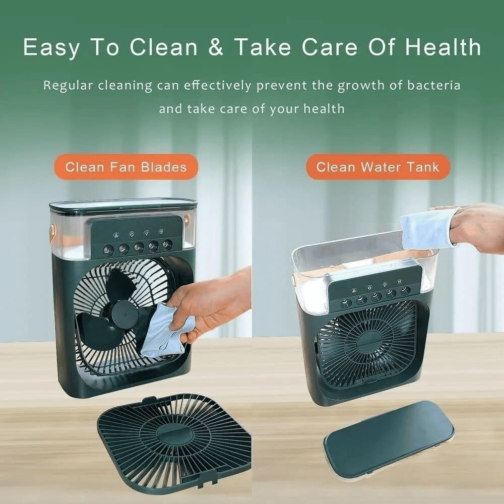 Air purifier with cleaning instructions on a wooden surface