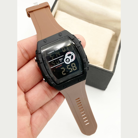 Digital watch with brown strap held in a hand, with a white background