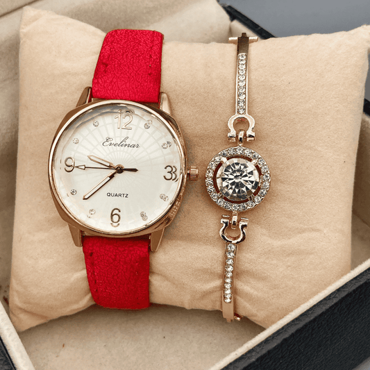Front image showcasing the red Evelinar watch paired with its matching bracelet.